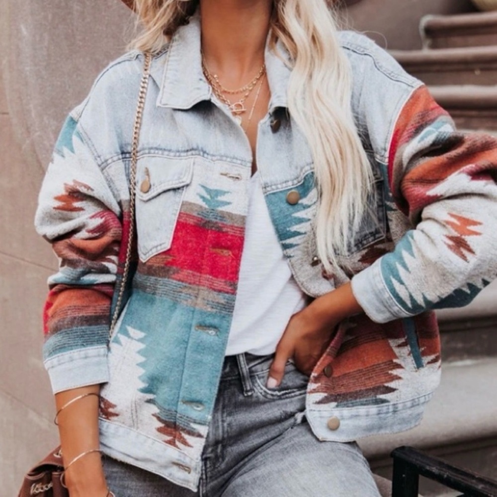 Boho Aztec Patchwork Denim Jacket - image 1